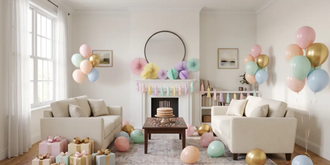 After: The same room decorated for a birthday with balloons, a cake and gifts