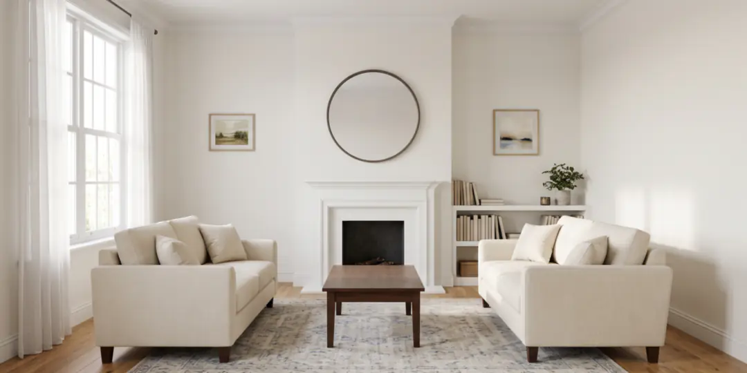 Before: A white living room with two sofas and a fireplace