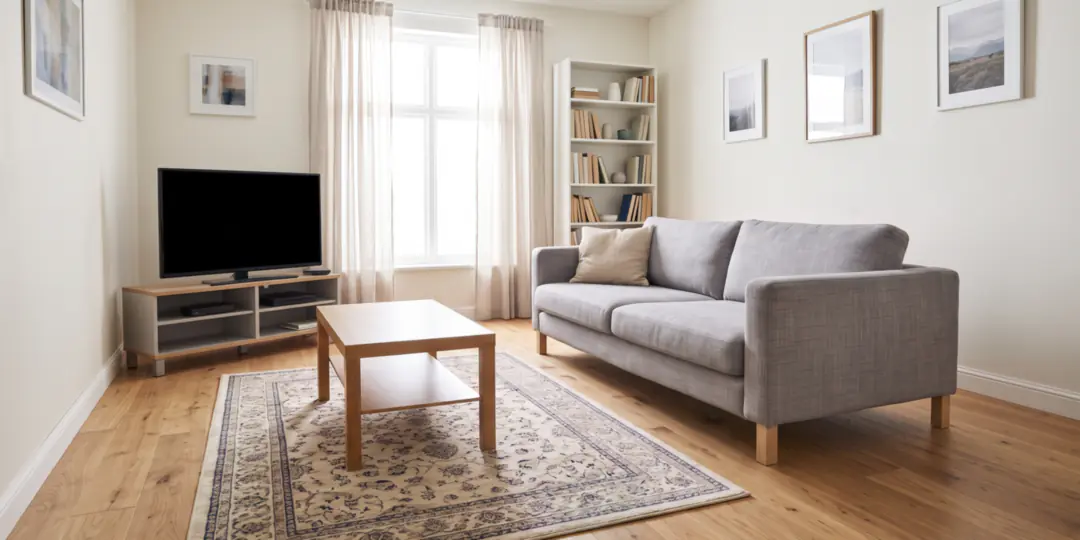 After: The same living room tidied, with the same sofa, table and shelves