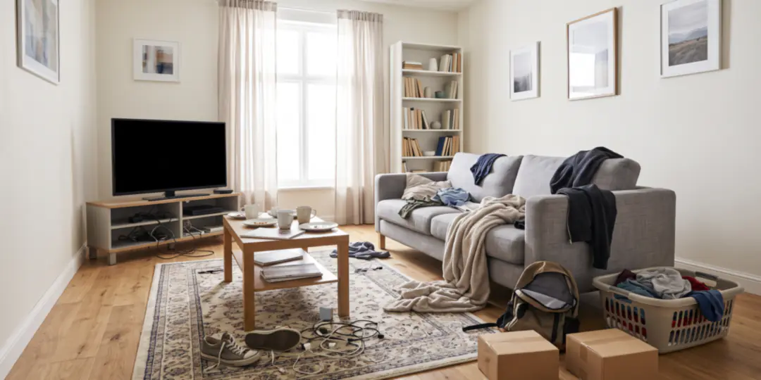 Before: A cluttered living room with clothes, boxes and a laundry basket
