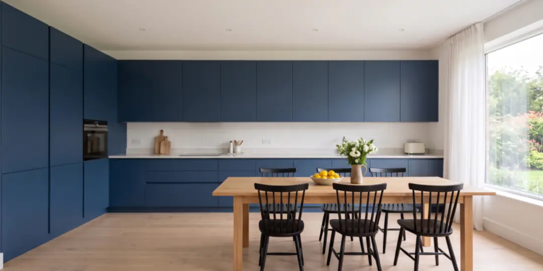 After: The same kitchen with the cabinets painted navy blue