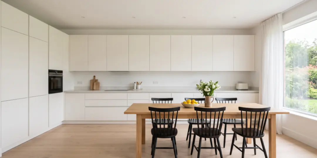 Before: A white kitchen with a wooden dining table