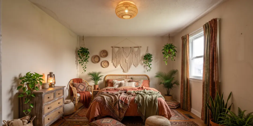 After: The same bedroom redesigned in a bohemian style, with plants, rattan and a macramé wall hanging