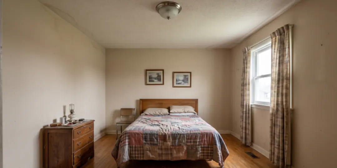 Before: A dated bedroom with a patchwork quilt and a wooden dresser