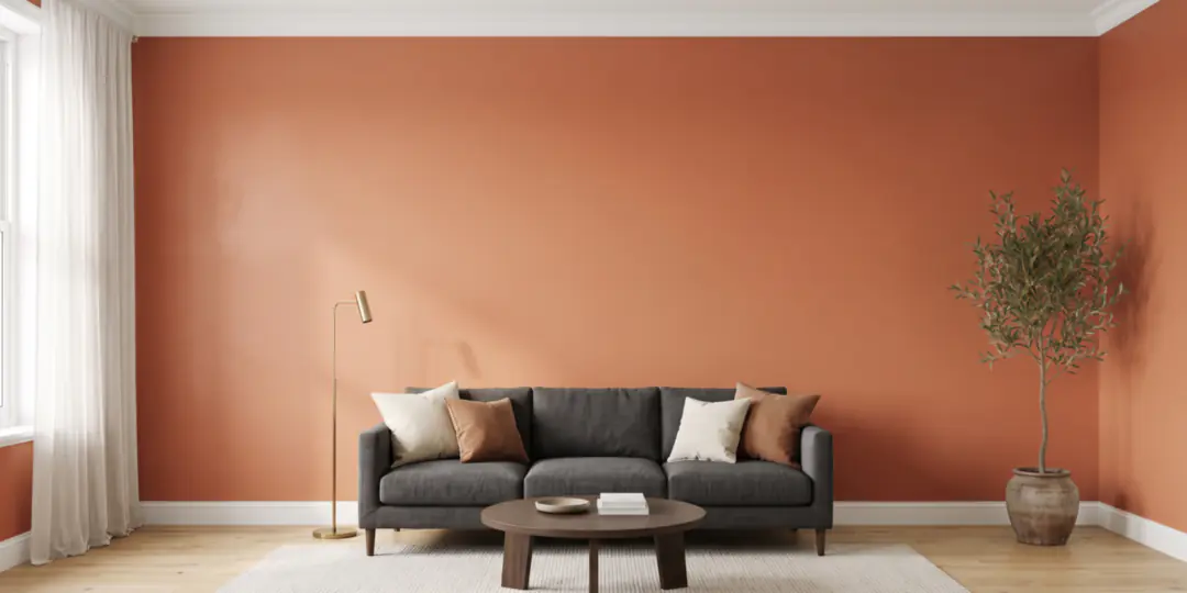After: The same living room with the walls painted terracotta