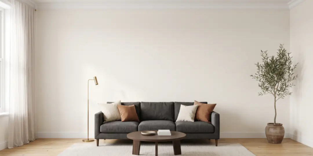 Before: A living room with off-white walls and a dark grey sofa