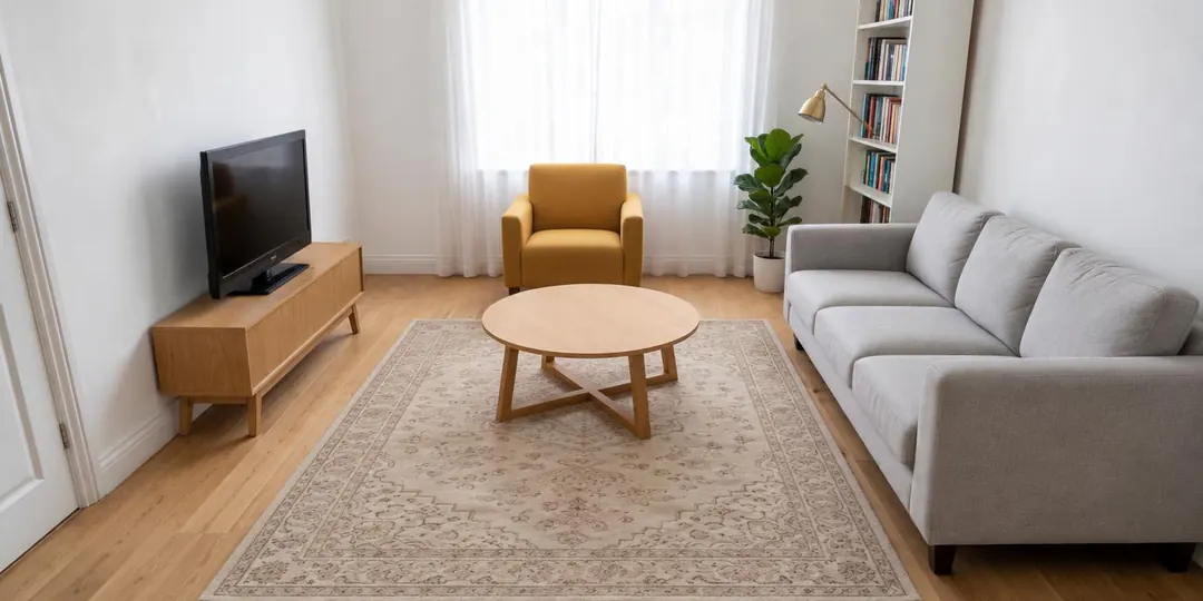 After: The same furniture in a new layout: TV on the left wall facing the room, armchair under the window, sofa on the right