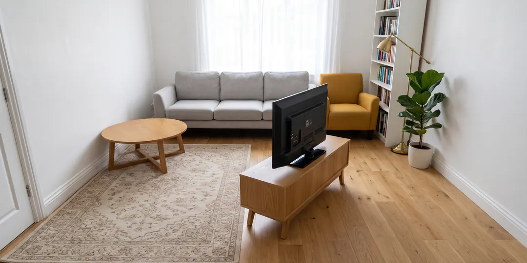 Before: A living room with the TV unit angled in the middle of the floor and the sofa under the window