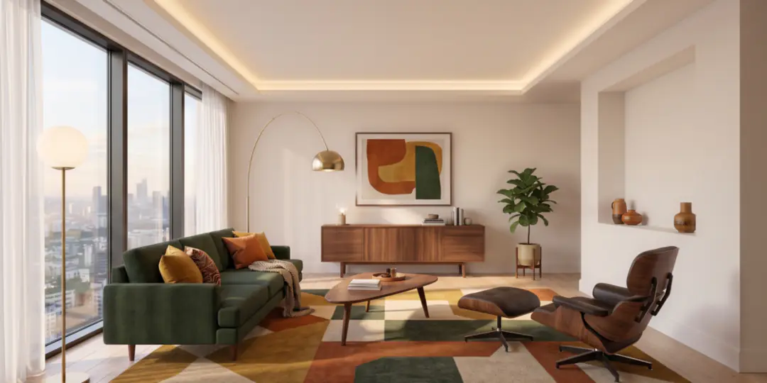 After: The same room furnished in a mid-century style, with a green sofa and a lounge chair