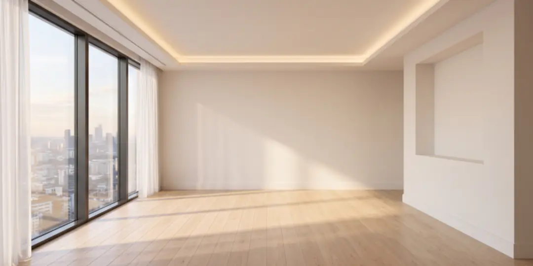 Before: An empty room with floor-to-ceiling windows over a city